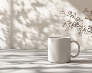 3D render of a mug mockup on a white table with a shadow from a window, a minimalist background with sun rays and dried flowers.