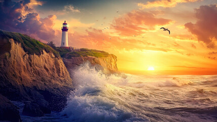 Fototapeta premium A historic lighthouse stands tall on a rugged cliff, overlooking crashing waves below. A dramatic sunset paints the sky in warm hues, casting a golden glow over the ocean
