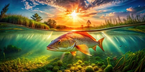 Double Exposure Redfish Underwater River Marsh AI Art - Generative Photography