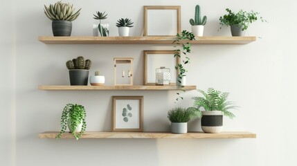 Minimalist Interior Design with Plants and Frames on Wooden Shelves