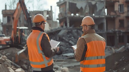 Construction Workers Assessing Damage at a Demolished Building