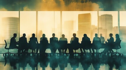 Strategic Summit: Silhouetted figures of a corporate boardroom meeting against a cityscape backdrop, conveying a sense of serious deliberation and powerful decision-making.