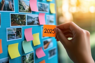 A hand places a bright sticky note labeled "2025" on a blue board filled with colorful photos and additional notes, symbolizing planning and organization.