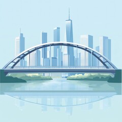 Obraz premium Modern city skyline with arch bridge reflection.