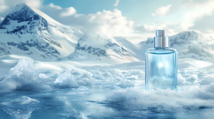 Empty serum or perfume packaging in cold areas for product presentation on arctic background. Frostveil. Illustration