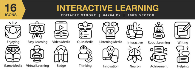 Interactive Learning icon set. Editable Stroke Icon Collection. Includes learning, education, intelligence, internet, book, and More. Outline icons vector collection.