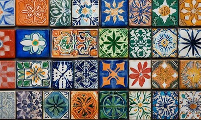 A vibrant mosaic of colorful, handcrafted, square ceramic tiles with intricate floral and geometric patterns. - Powered by Adobe