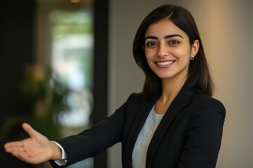 A professional woman in formal business attire, extending her hand for a handshake with a warm smile, standing in a modern office setting.