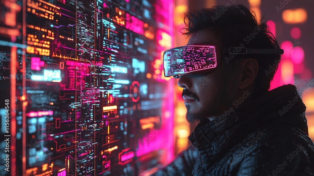 Poster man wearing vr glasses, analyzing data on a large screen.