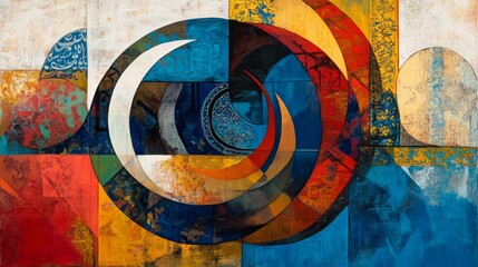 A colorful painting with a blue circle in the middle. The circle is surrounded by other shapes and colors