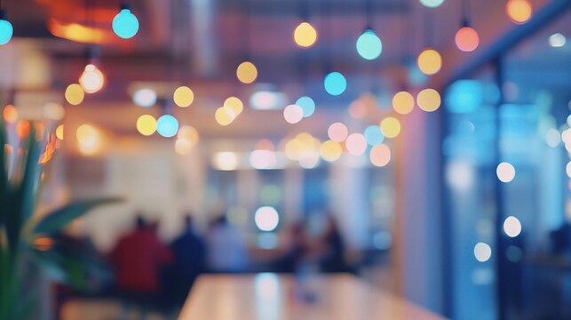 Lively Office Party with Colorful Blurred Background and Lights