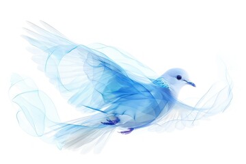 Obraz premium Abstract blue dove in flight, ethereal wings and trails, isolated on white background.