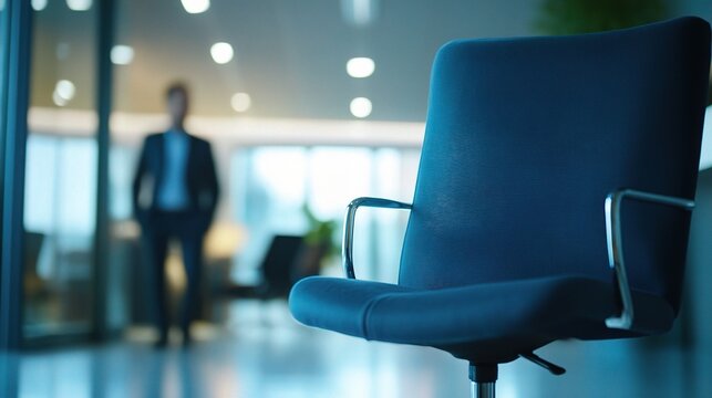 Empty Office Chair: A deep blue office chair sits empty in the foreground, with a blurred figure of a businessman standing in the background, hinting at a departure or an upcoming meeting.