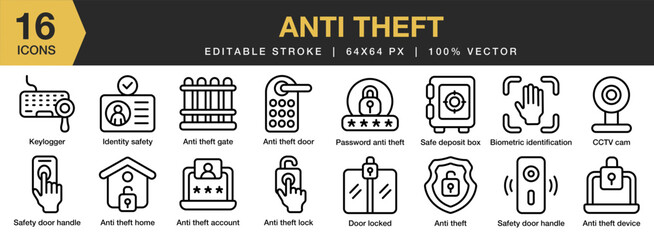 Anti Theft icon set. Editable Stroke Icon Collection. Includes Anti, Door, Hole, Key, Lock, Security, Theft, and More. Outline icons vector collection.