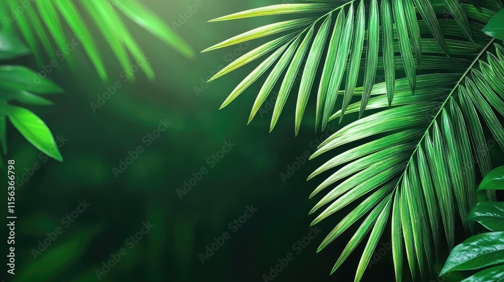 Aufkleber greenery palms idea. lush green palm leaves illuminated by soft natural light in a tropical setting.