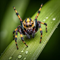 Fototapeta premium A macro photography of a spider in warm tone color. Close up photo for education. Detailed and defocused background.