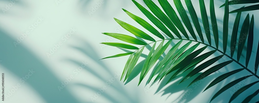 Poster greenery palms idea. vibrant palm leaf casting shadows against a soft, light background.