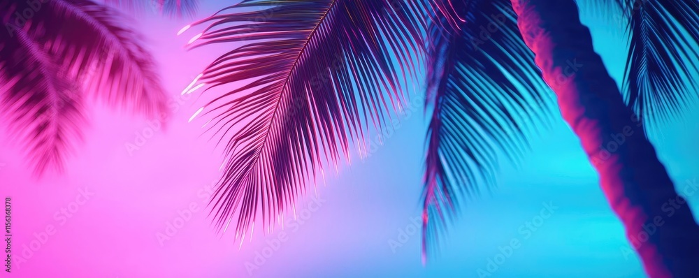 Poster greenery palms idea. vibrant palm leaves under colorful neon lighting creating a tropical atmosphere