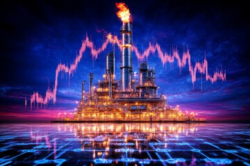 A futuristic oil refinery with flames, illuminated by a vibrant glow, set against a digital backdrop displaying fluctuating stock market trends.