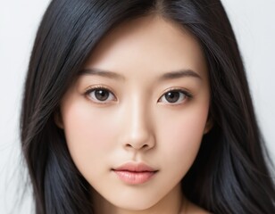 Fototapeta premium Portrait of a beautiful young Asian woman with fresh clean skin and long thick black hair