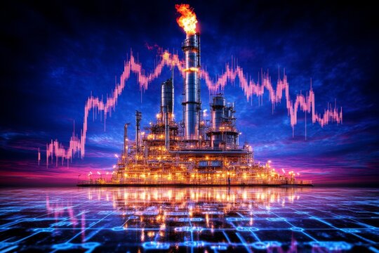 A futuristic oil refinery with flames, illuminated by a vibrant glow, set against a digital backdrop displaying fluctuating stock market trends.