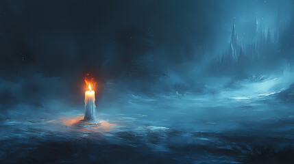 A candle burns with an icy flame, chilling the air while illuminating its surroundings. Frostveil. Illustration