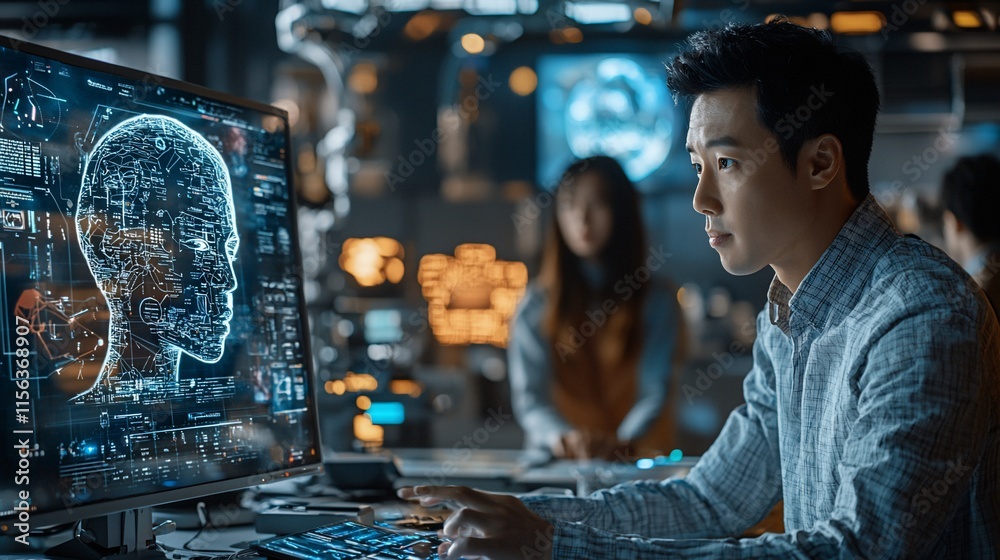 Poster Focused programmer working on AI brain interface.