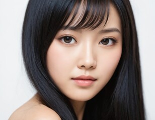 Fototapeta premium Portrait of a beautiful young Asian woman with fresh clean skin and long thick black hair