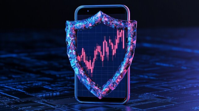 A smartphone displays a graph protected by a shield, symbolizing cybersecurity in financial markets.