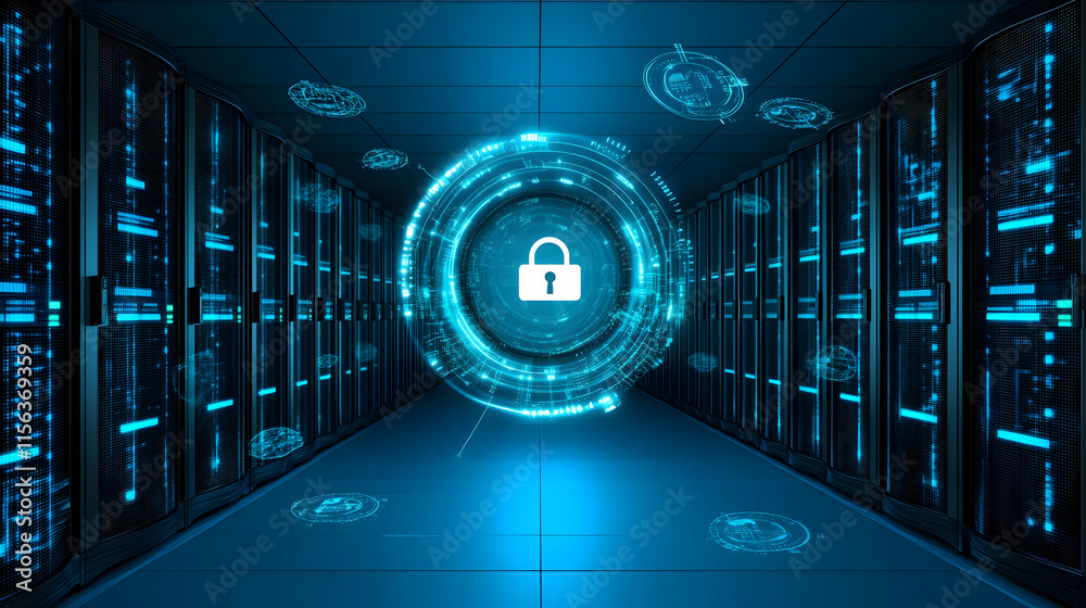 Aufkleber digital lock symbol in a blue-lit data center representing cybersecurity and data protection