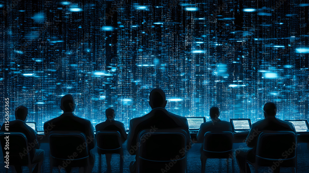 Poster Silhouetted figures in front of a digital data stream create a futuristic technology scene