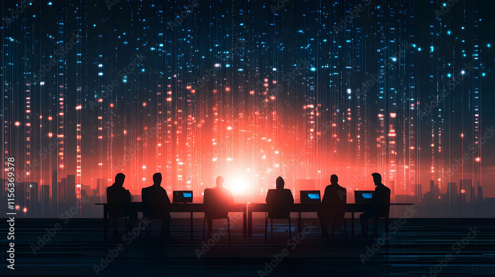 Poster Silhouetted figures at computers against a vibrant, digital backdrop of lights and data streams