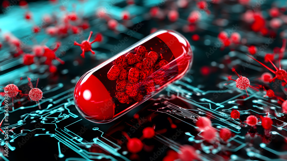 Poster vibrant red capsule on a circuit board, surrounded by digital representations of viruses