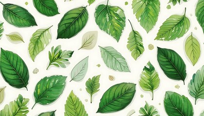 Watercolor Painting Of Various Green Leaves On White Background