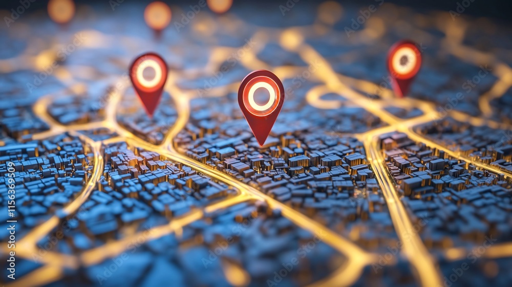 Poster Illuminated city map with multiple location markers.