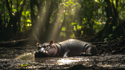 A playful pygmy hippo baby rolling in a shallow mud puddle in a protected Thai habitat, with rays of sunlight streaming through the dense forest canopy above 