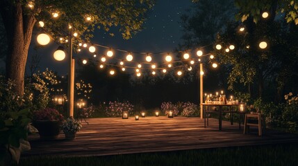A serene garden setup illuminated by string lights, creating a magical ambiance perfect for gatherings or events under the night sky.