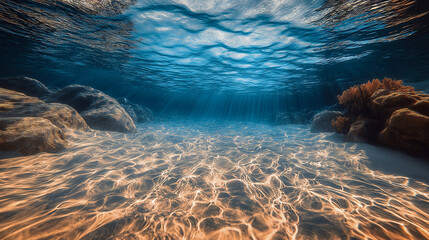 A serene underwater scene showcasing the interplay of light and water. Ideal for themes of tranquility, nature, and marine life, it can be used in environmental campaigns or wellness content.