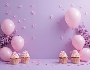 Pink Cupcakes Balloons and Flowers Pretty Pastel Scene