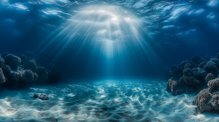 Fototapeta premium This underwater scene captures tranquil beams of sunlight penetrating crystal-clear water, creating a serene atmosphere ideal for projects related to nature, wellness, or marine life.