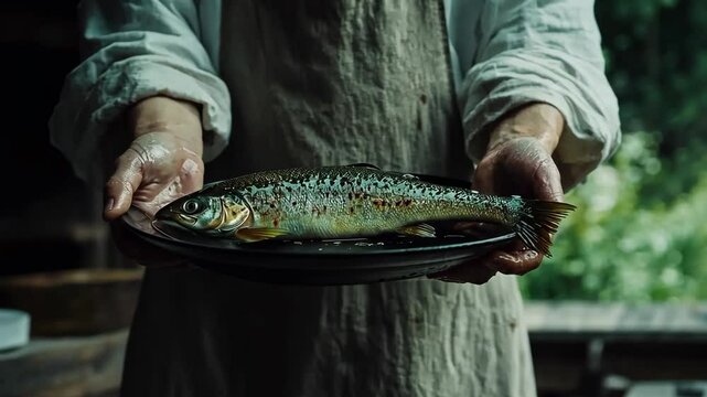 Hands present a freshly caught trout on a dark plate in a rustic outdoor setting surrounded by greenery