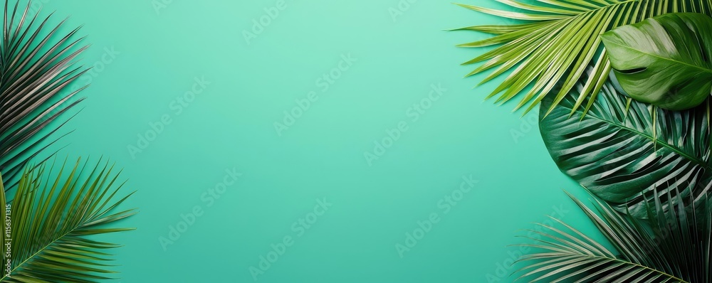 Aufkleber greenery palms idea. fresh green leaves on a vibrant teal background for a serene botanical feel.