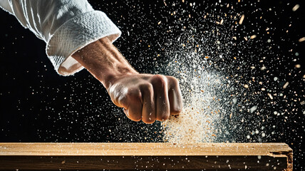 A karate practitioner captured mid-action as they break a wooden board with a powerful strike. The intensity of the moment is highlighted, showcasing strength, focus, and skill in martial arts.