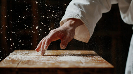 A karate practitioner captured mid-action as they break a wooden board with a powerful strike. The intensity of the moment is highlighted, showcasing strength, focus, and skill in martial arts.