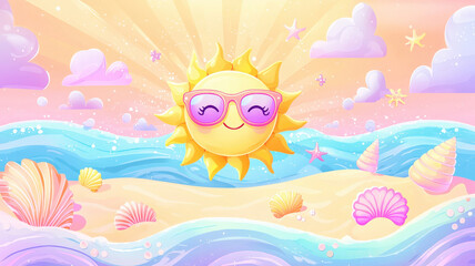 Obraz premium A kawaii summer beach scene features a happy sun wearing sunglasses, smiling seashells, and pastel-colored waves. The vibrant colors create a cheerful and fun atmosphere, perfect for summer vibes.