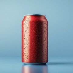 Cold red aluminum can with condensation droplets on a blue background.