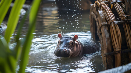 A pygmy hippo baby delighting in a cool bath under a traditional bamboo waterwheel in Thailand, with tropical plants swaying gently in the breeze around her 