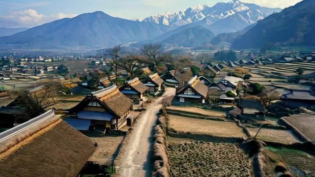 ancient Japanese village, with thatched-roof houses clustered around narrow dirt paths