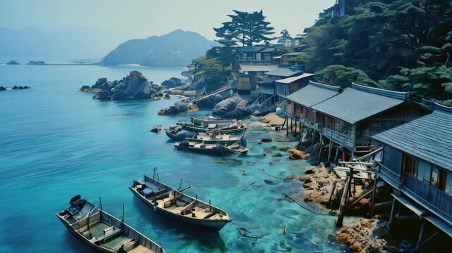 a small Japanese fishing village by the sea, with wooden boats docked along the shoreline and old wooden piers stretching out into the clear blue water.
