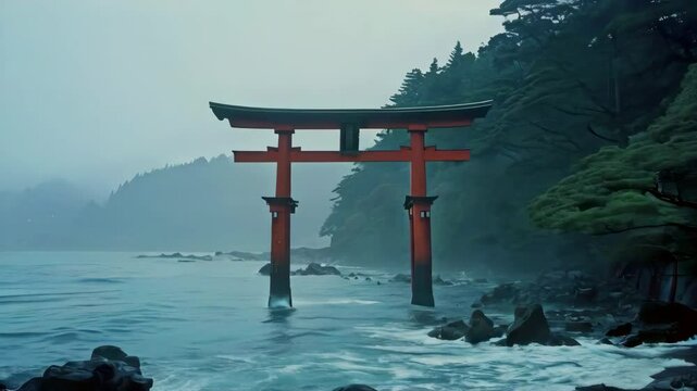 a torii gate standing tall over a misty, ancient Japanese shrine by the shore, 